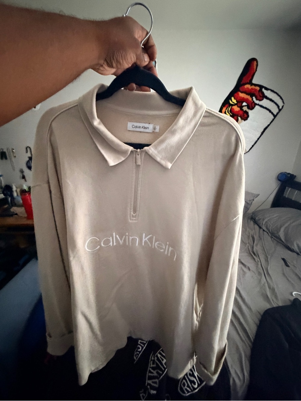 Calvin Klein Men's Light Beige Zip-Front Polo Sweater